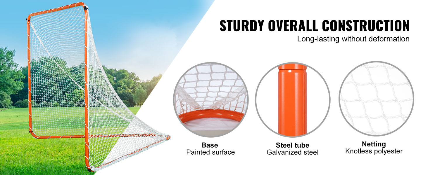 VEVOR lacrosse goal with steel tube, knotless polyester netting, and painted surface base in a park.