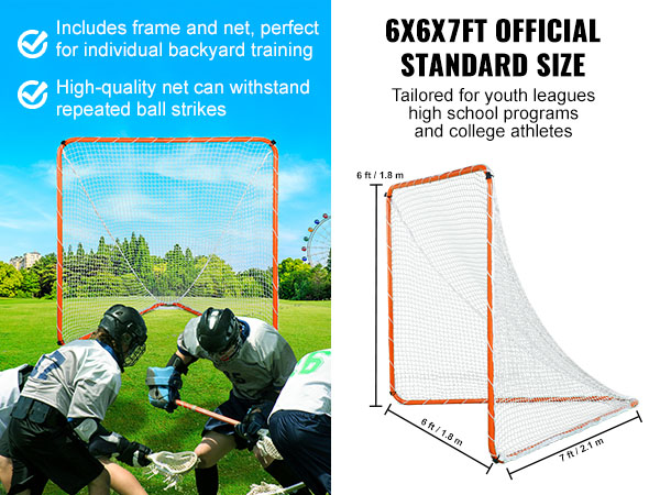 VEVOR lacrosse goal with net, perfect for backyard training with dimensions 6x6x7 feet and durable netting.