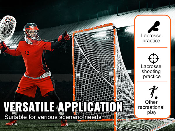 lacrosse player in red gear with a goalie stick beside a VEVOR lacrosse goal on a field at night.