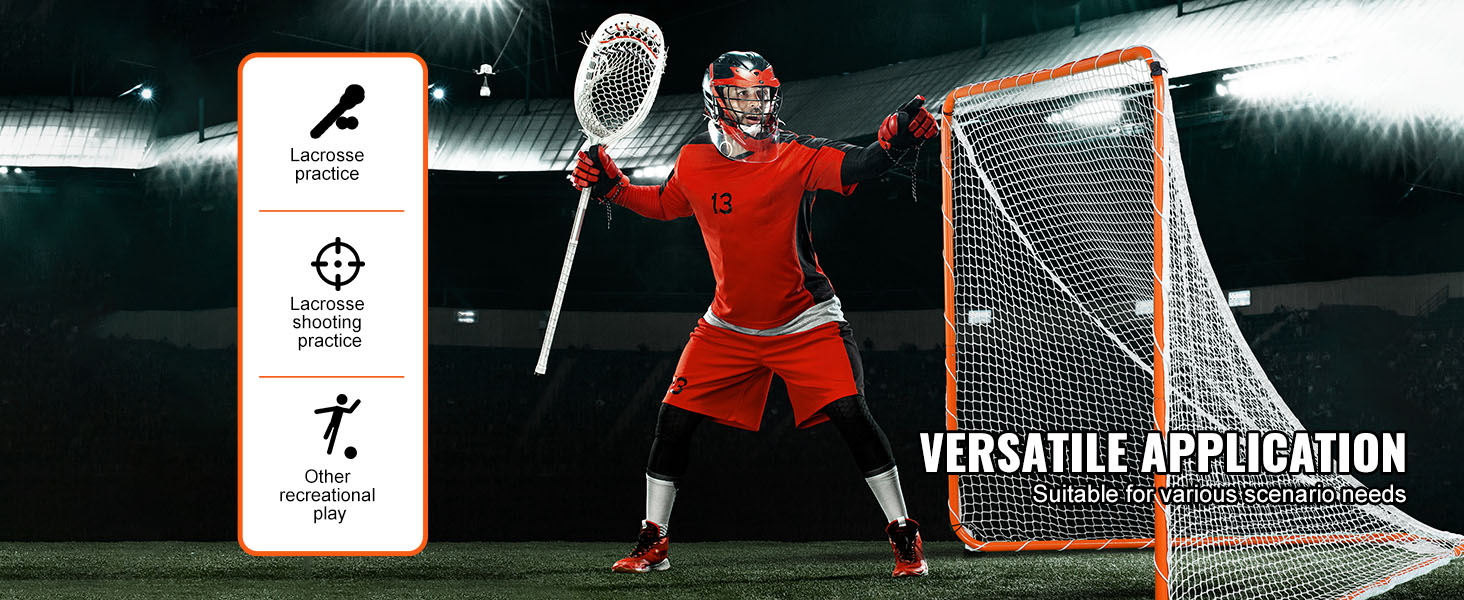 lacrosse player in red gear with a goalie stick beside a VEVOR lacrosse goal on a field at night.