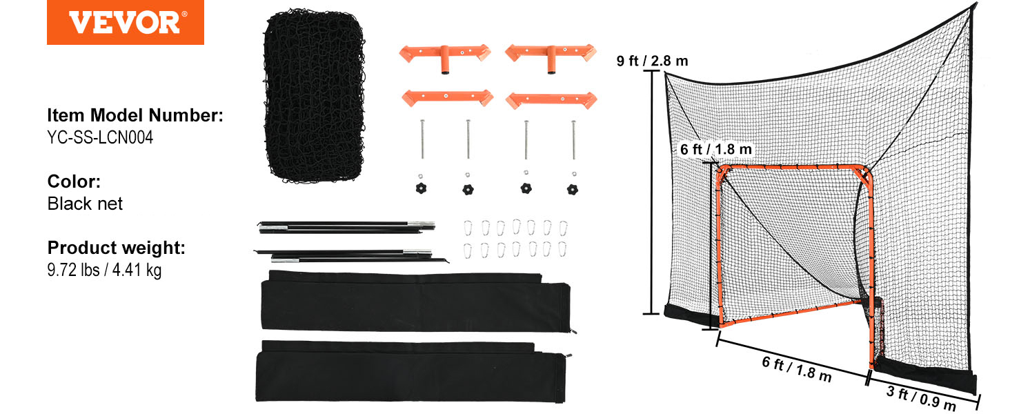 VEVOR lacrosse goal backstop set with black net, frame parts, and assembly hardware.