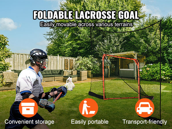 VEVOR lacrosse goal backstop in a backyard, shown with a player. convenient storage and transport-friendly.