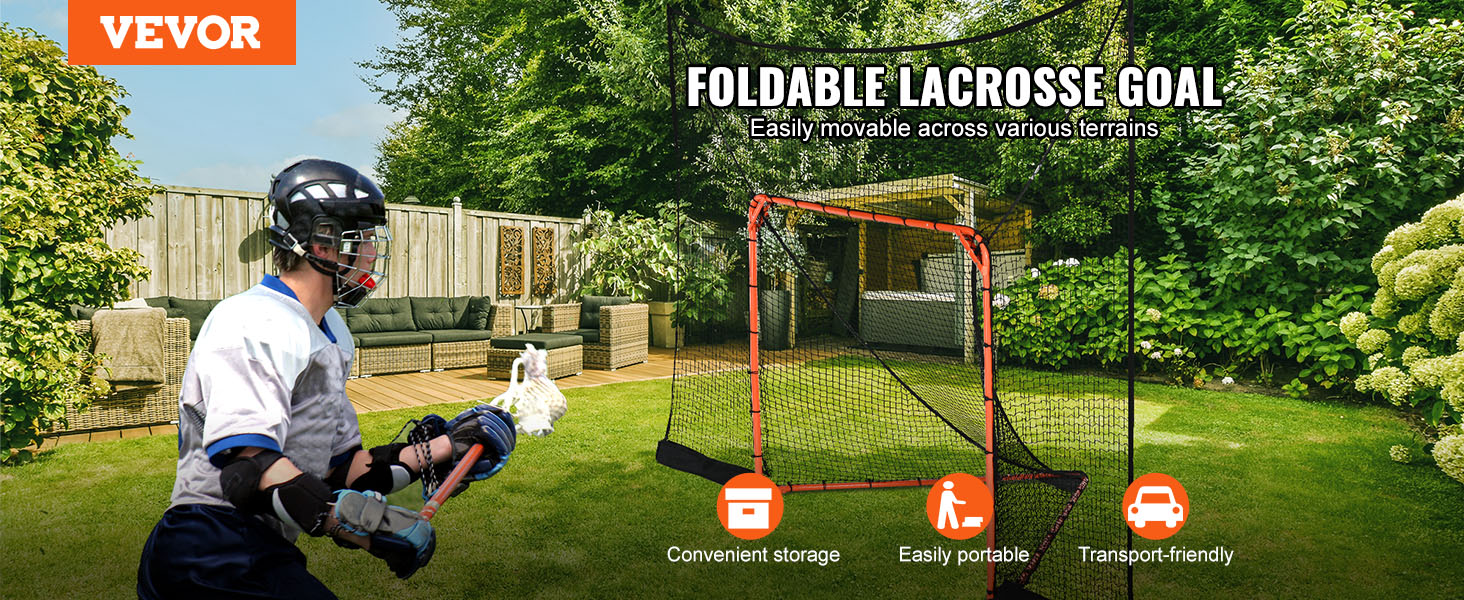 VEVOR lacrosse goal backstop in a backyard, shown with a player. convenient storage and transport-friendly.