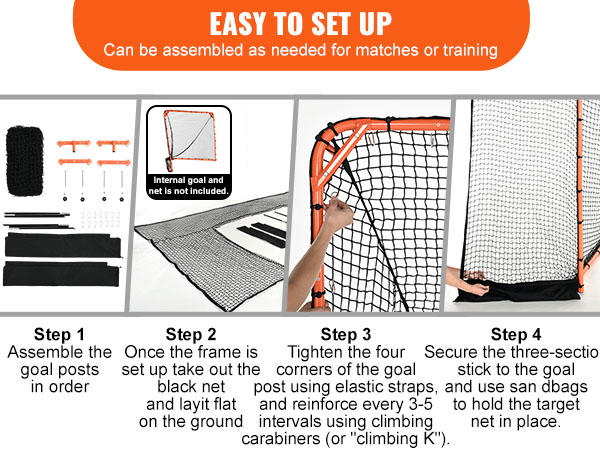easy setup guide for VEVOR lacrosse goal backstop, showing step-by-step assembly instructions.