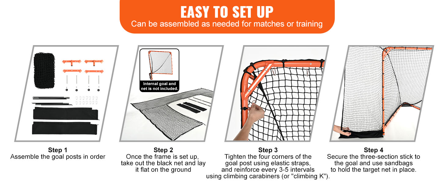 easy setup guide for VEVOR lacrosse goal backstop, showing step-by-step assembly instructions.