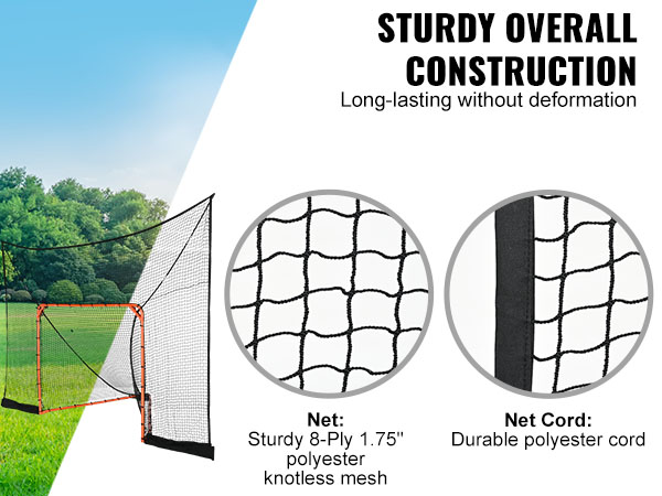 VEVOR lacrosse goal backstop with sturdy polyester net and durable cord in a grassy field.