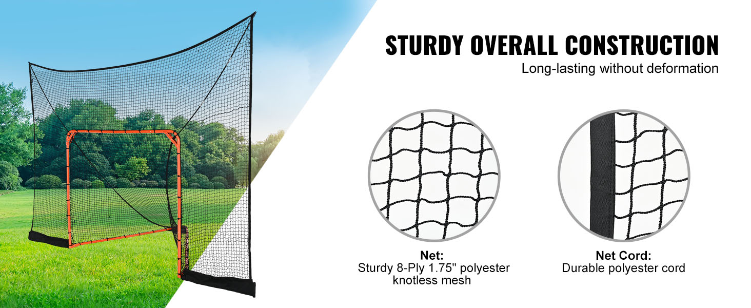 VEVOR lacrosse goal backstop with sturdy polyester net and durable cord in a grassy field.