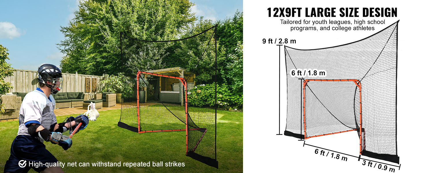 lacrosse player practicing with VEVOR lacrosse goal backstop in backyard, featuring a high-quality net.