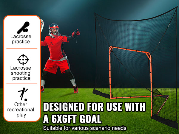 lacrosse player in red and black near VEVOR lacrosse goal backstop with diagram for practice scenarios