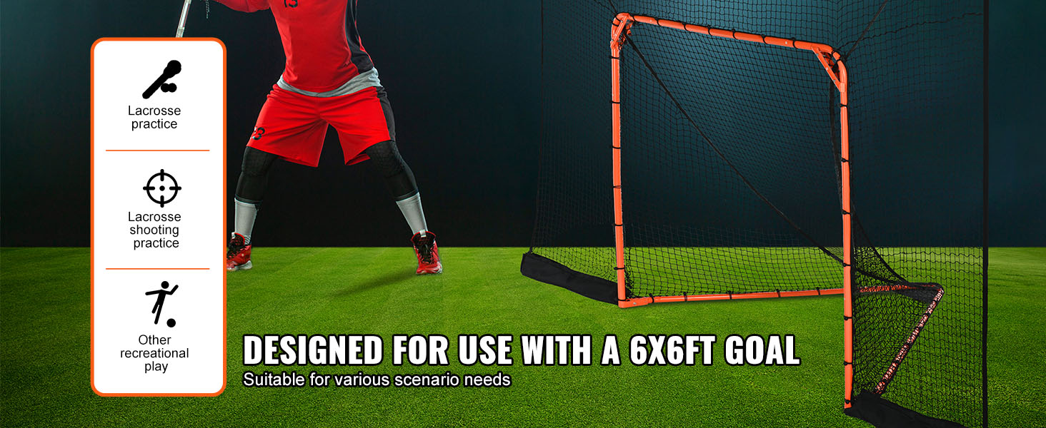 lacrosse player in red and black near VEVOR lacrosse goal backstop with diagram for practice scenarios