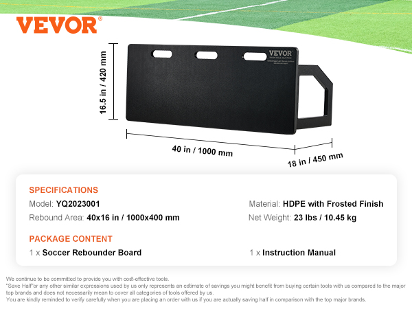 VEVOR soccer rebounder board with dimensions and specifications, designed for training on grass fields.