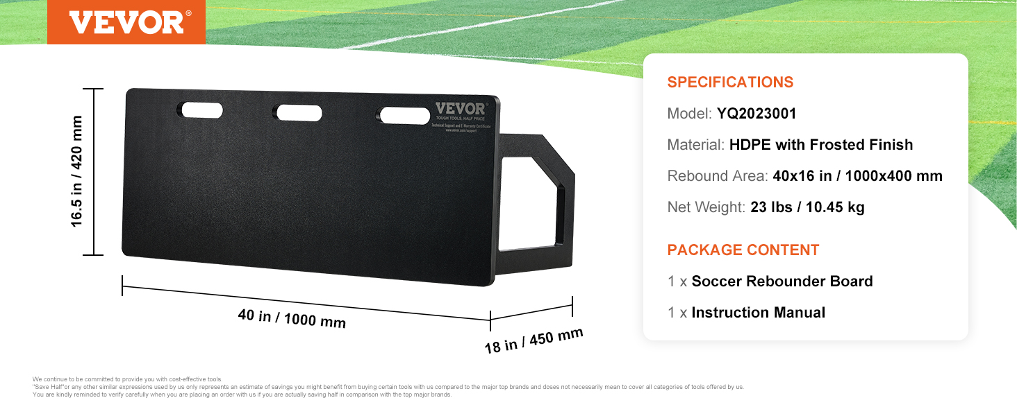 VEVOR soccer rebounder board with dimensions and specifications, designed for training on grass fields.