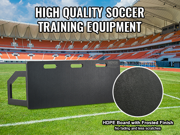 VEVOR soccer rebounder board on a green field in a large stadium with orange seats, promoting training equipment.