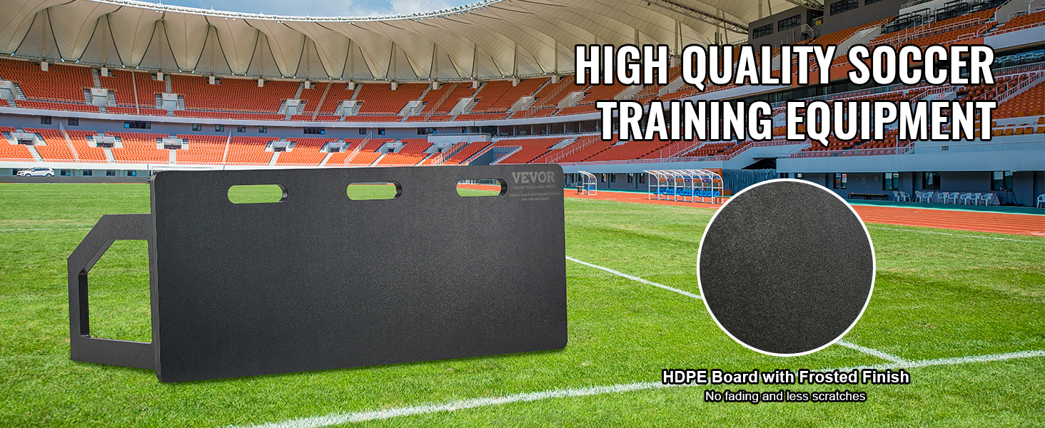 VEVOR soccer rebounder board on a green field in a large stadium with orange seats, promoting training equipment.