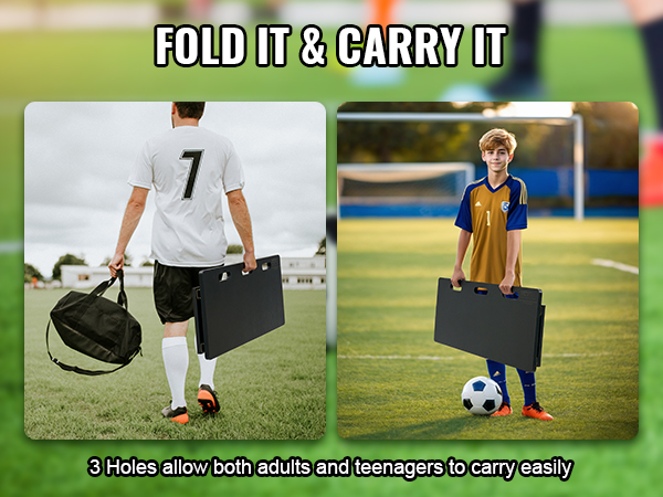 adults and teenagers carrying foldable VEVOR soccer rebounder board on a soccer field.