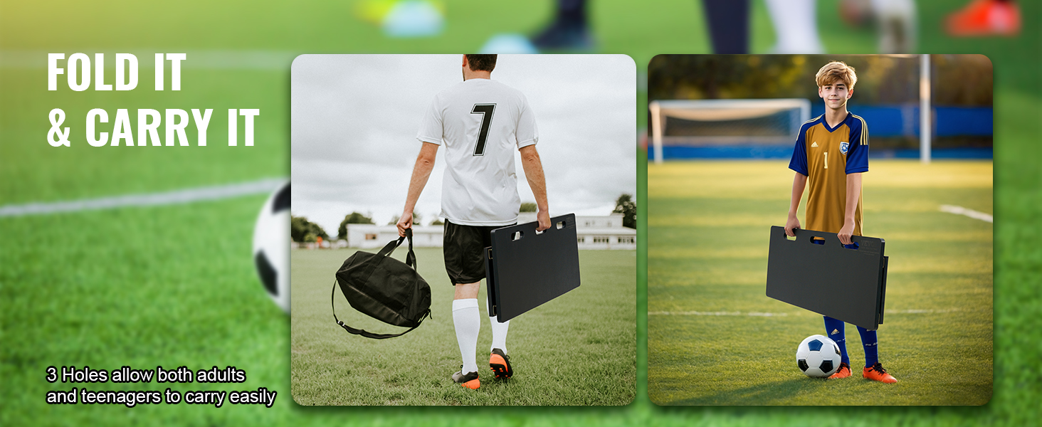 adults and teenagers carrying foldable VEVOR soccer rebounder board on a soccer field.