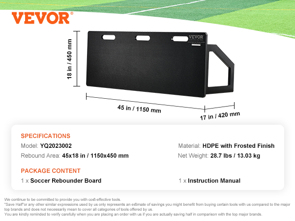VEVOR futbola atlēts ar matētu hdpe apdari, izmēri 45x18 collas, specifikācija un iepakojuma saturs norādīts.