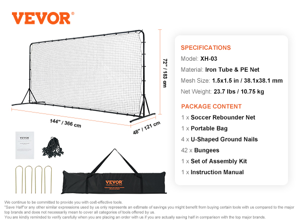 VEVOR soccer rebounder net, 144"x72"x48", with iron tube, pe net, bungees, ground nails, and portable bag.
