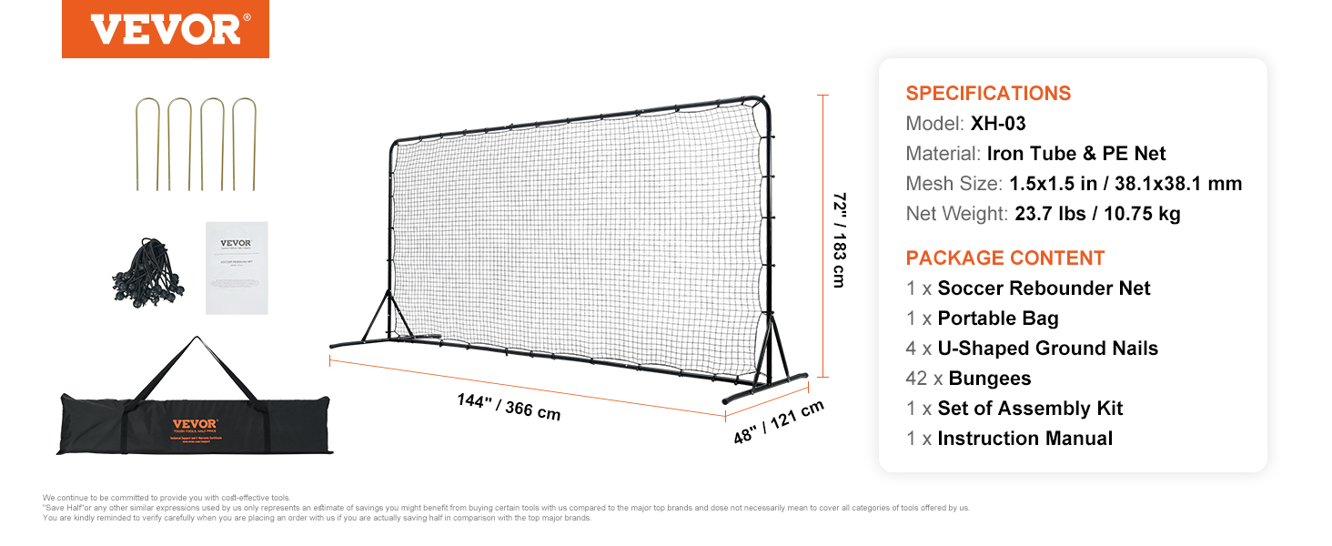VEVOR soccer rebounder net, 144"x72"x48", with iron tube, pe net, bungees, ground nails, and portable bag.