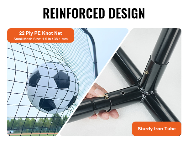 VEVOR soccer rebounder net with 22 ply pe knot net and sturdy iron tube, reinforced design.
