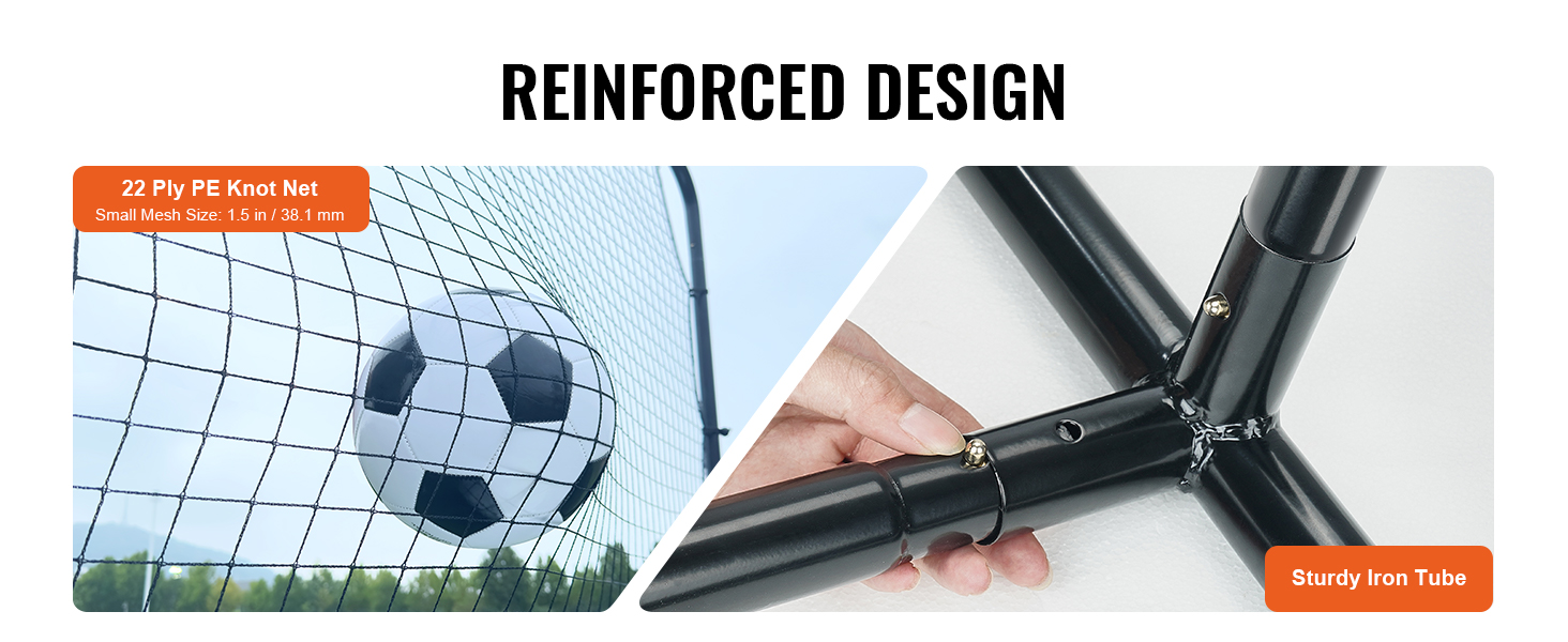 VEVOR soccer rebounder net with 22 ply pe knot net and sturdy iron tube, reinforced design.