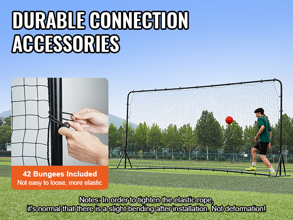 VEVOR soccer rebounder net in use on a field, highlighting durable bungee connection accessories.