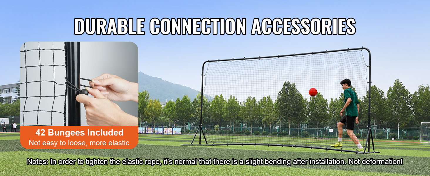 VEVOR soccer rebounder net in use on a field, highlighting durable bungee connection accessories.