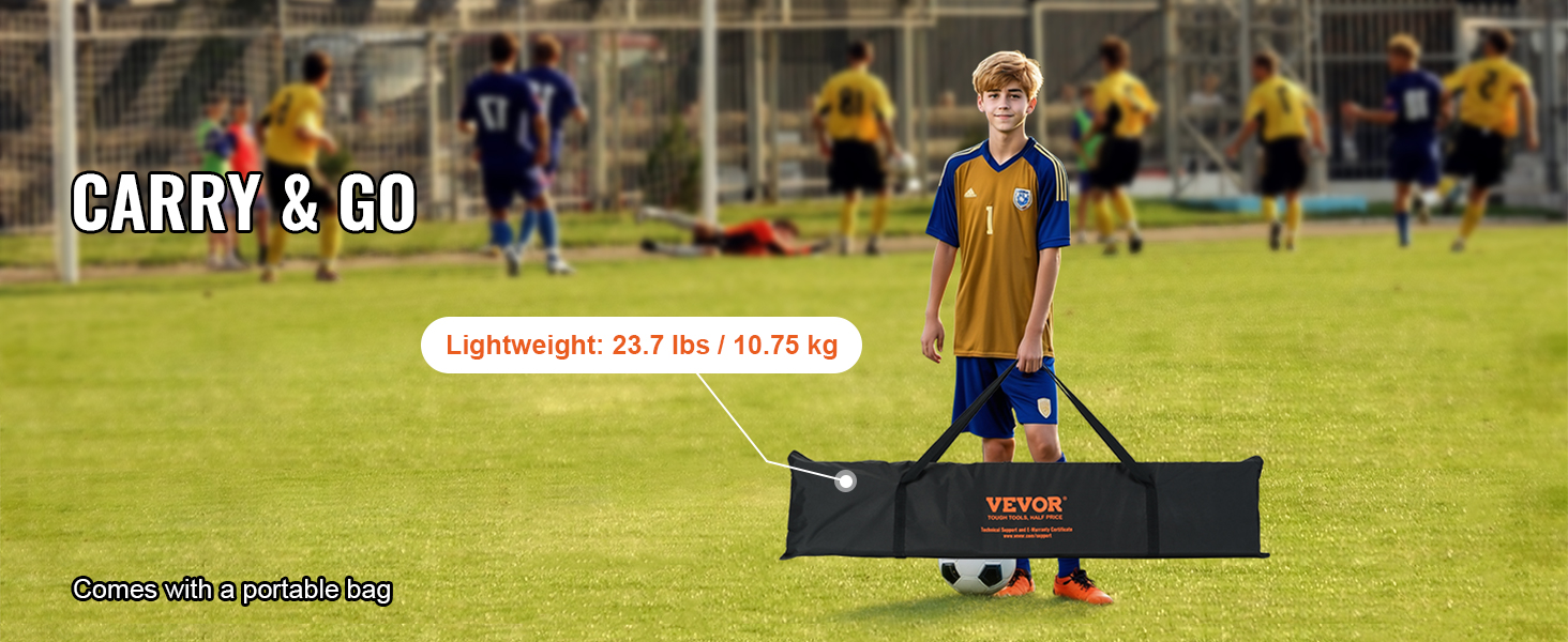 soccer player carrying the VEVOR soccer rebounder net in a portable bag on a field with teammates.