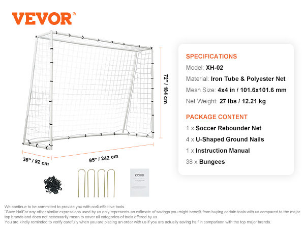 VEVOR soccer rebound trainer with 4 u-shaped ground nails, polyester net, 38 bungees, and manual.