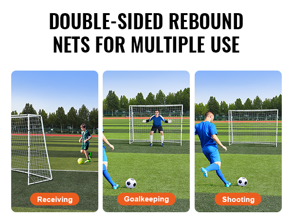 VEVOR soccer rebound trainer being used for receiving, goalkeeping, and shooting practice.