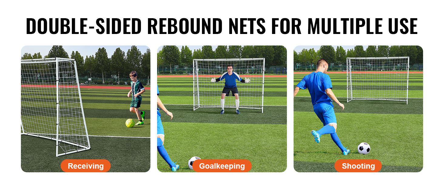 VEVOR soccer rebound trainer being used for receiving, goalkeeping, and shooting practice.