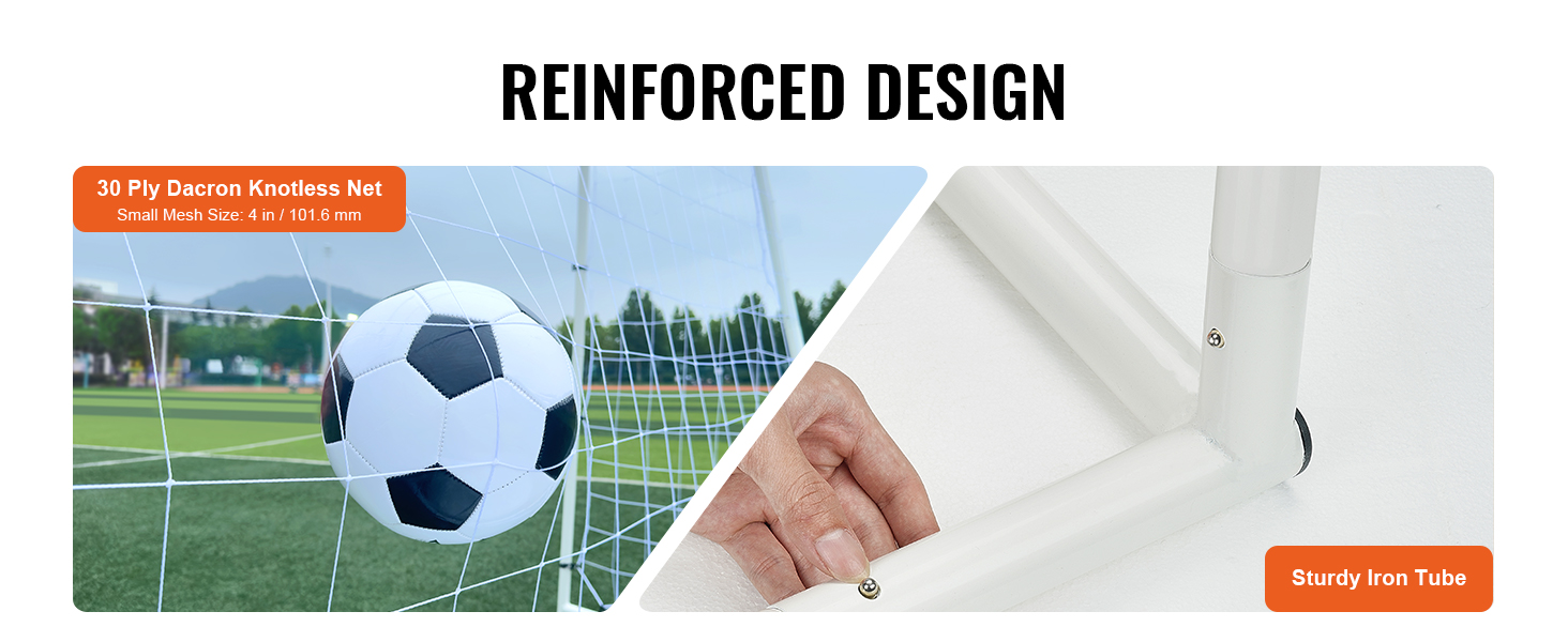 reinforced VEVOR soccer rebound trainer with 30 ply dacron knotless net and sturdy iron tube frame.