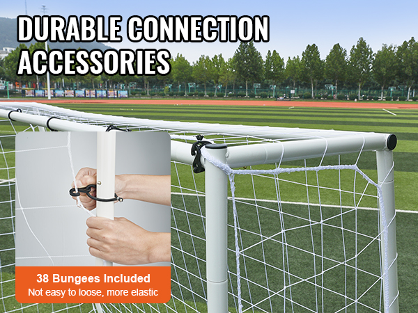VEVOR soccer rebound trainer on field with bungee cords for durable connection; 38 included.