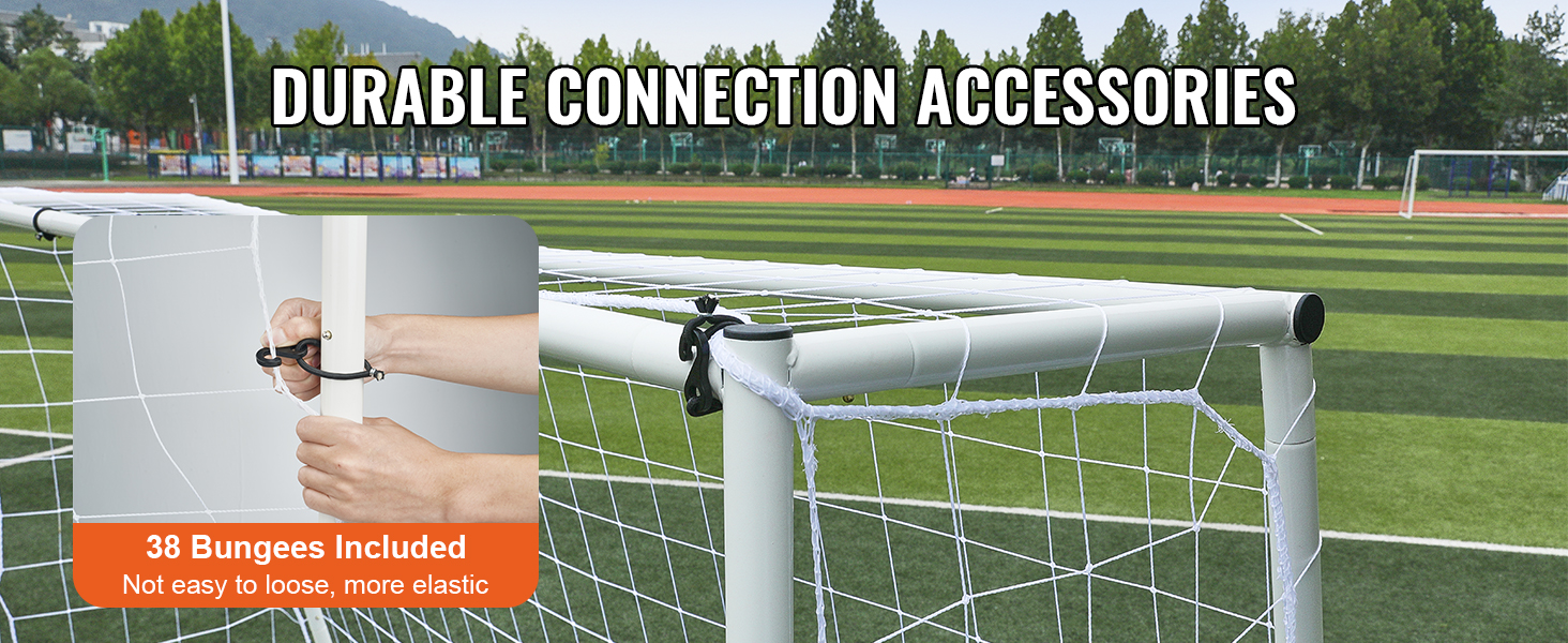VEVOR soccer rebound trainer on field with bungee cords for durable connection; 38 included.