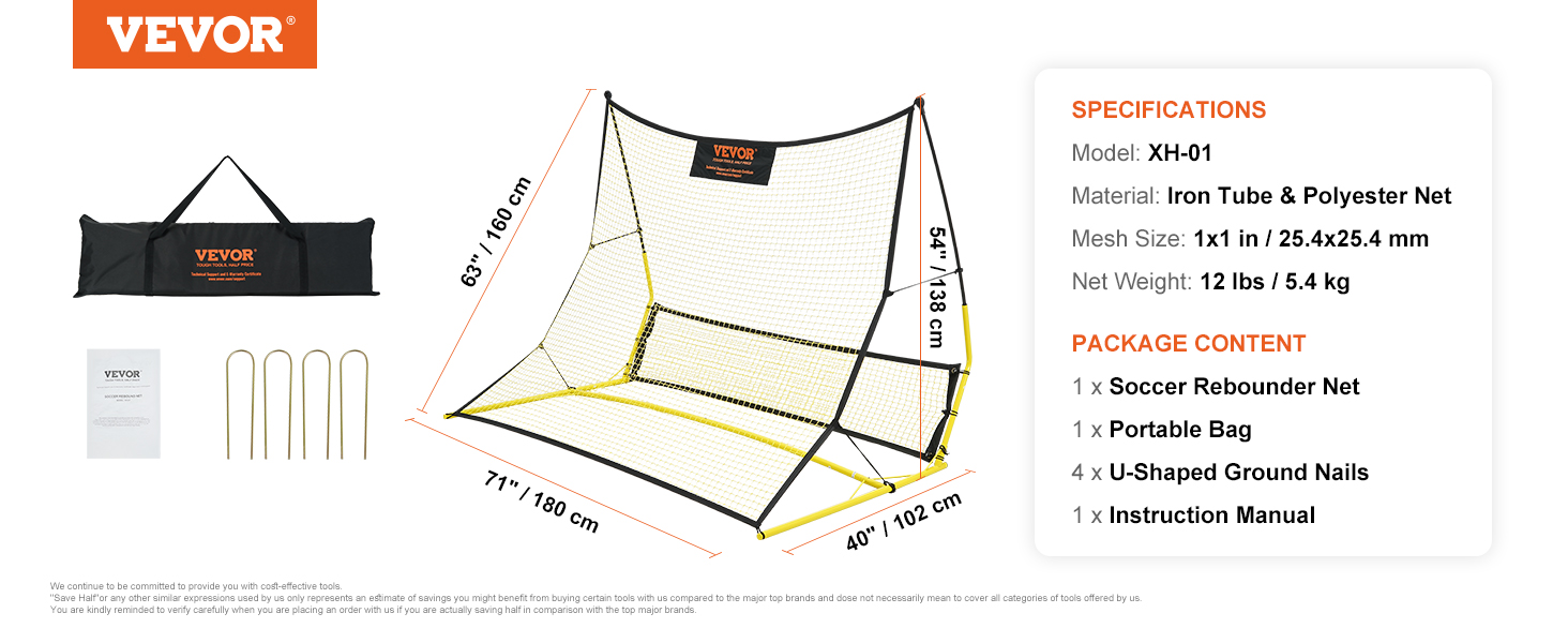 VEVOR soccer rebounder with net, portable bag, ground nails, and manual; dimensions 63"x71"x40".