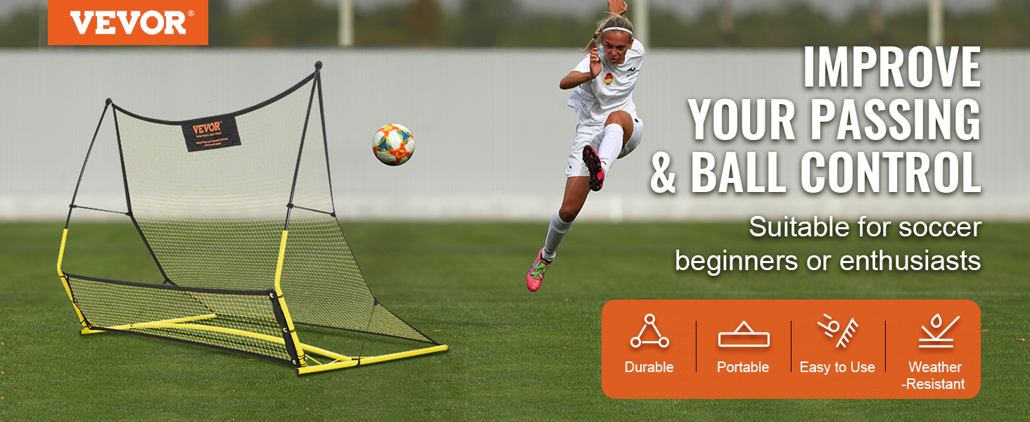 VEVOR soccer rebounder for improving passing and ball control; durable, portable, and weather-resistant.