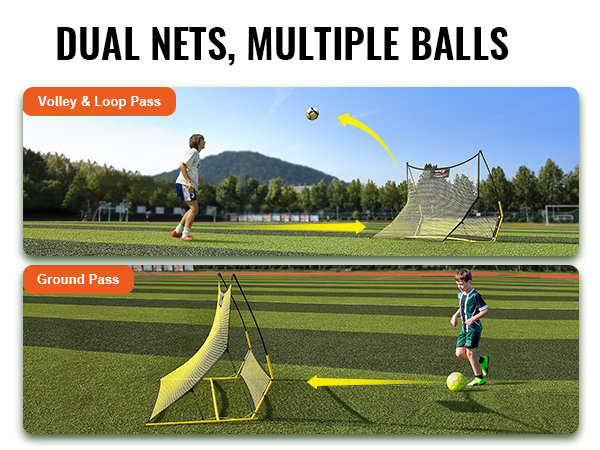 dual-use VEVOR soccer rebounder for volley, loop, and ground passes on a green field.