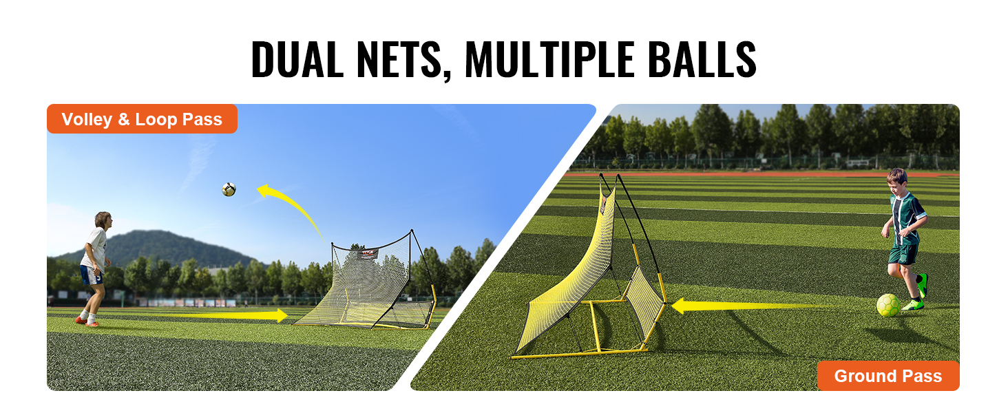 dual-use VEVOR soccer rebounder for volley, loop, and ground passes on a green field.