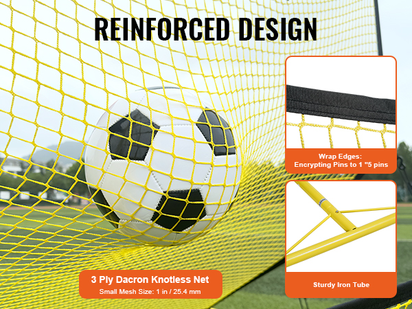 VEVOR soccer rebounder with a durable yellow net, reinforced iron frame, and secure wrap edges.