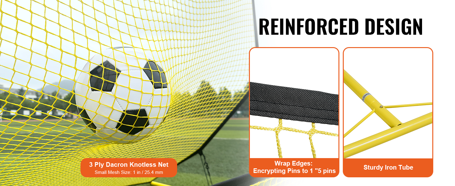 VEVOR soccer rebounder with a durable yellow net, reinforced iron frame, and secure wrap edges.