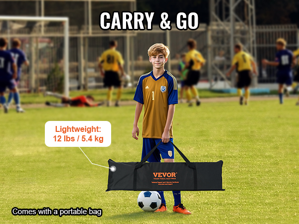 kid carrying VEVOR soccer rebounder bag on soccer field with players in the background