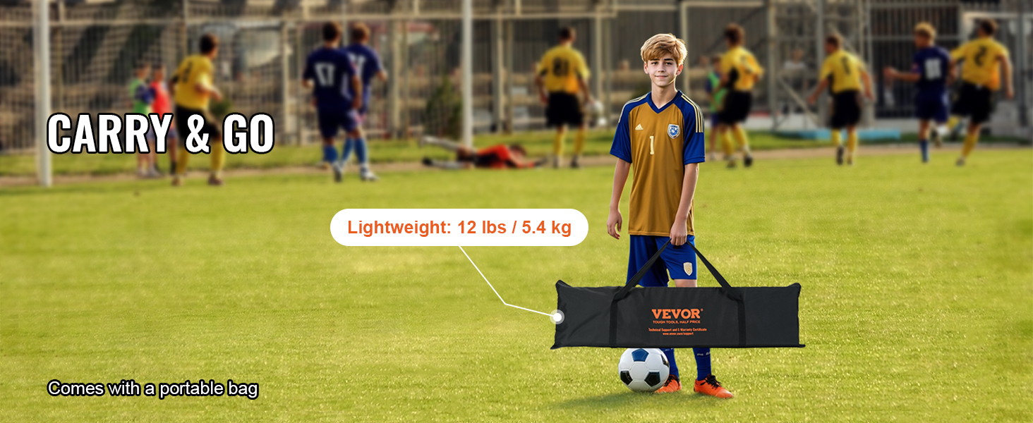 kid carrying VEVOR soccer rebounder bag on soccer field with players in the background