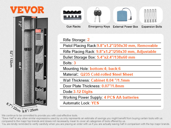 VEVOR gun safe features multiple rifle and pistol racks, emergency keys, external power box, and strong steel construction.