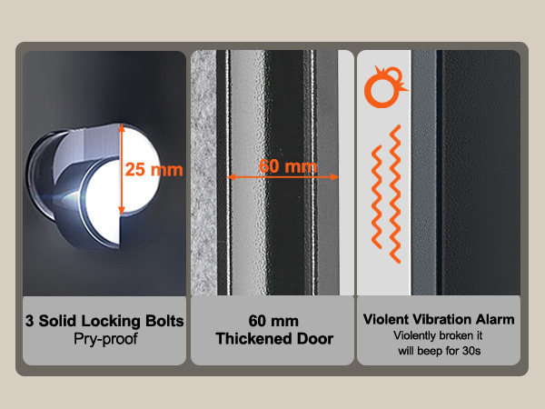 VEVOR gun safe with 60mm thick door, 25mm locking bolts, wrong access alarm, vibration alarm, silent mode.