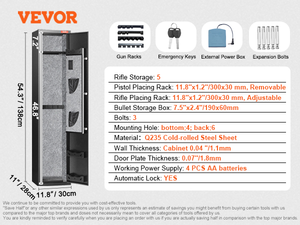 VEVOR gun safe details with measurements, rifle storage, mounting info, accessories, and security features.