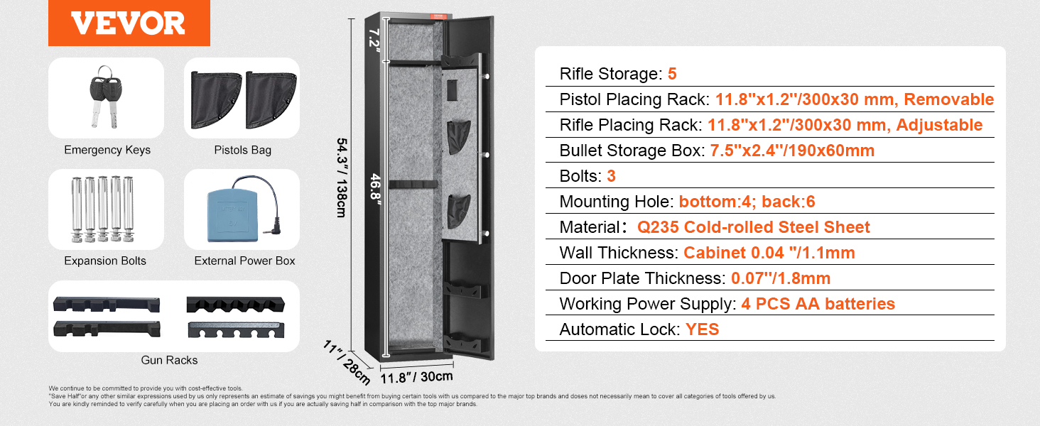 VEVOR gun safe details with measurements, rifle storage, mounting info, accessories, and security features.