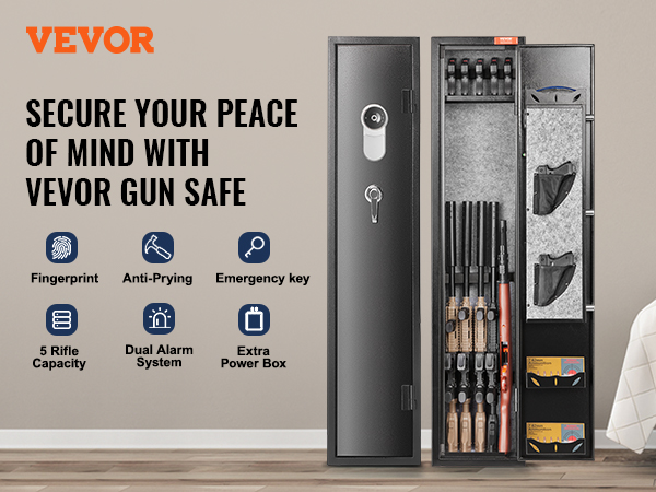 VEVOR gun safe with anti-prying, password, emergency key, dual alarm system, 5 rifle capacity.