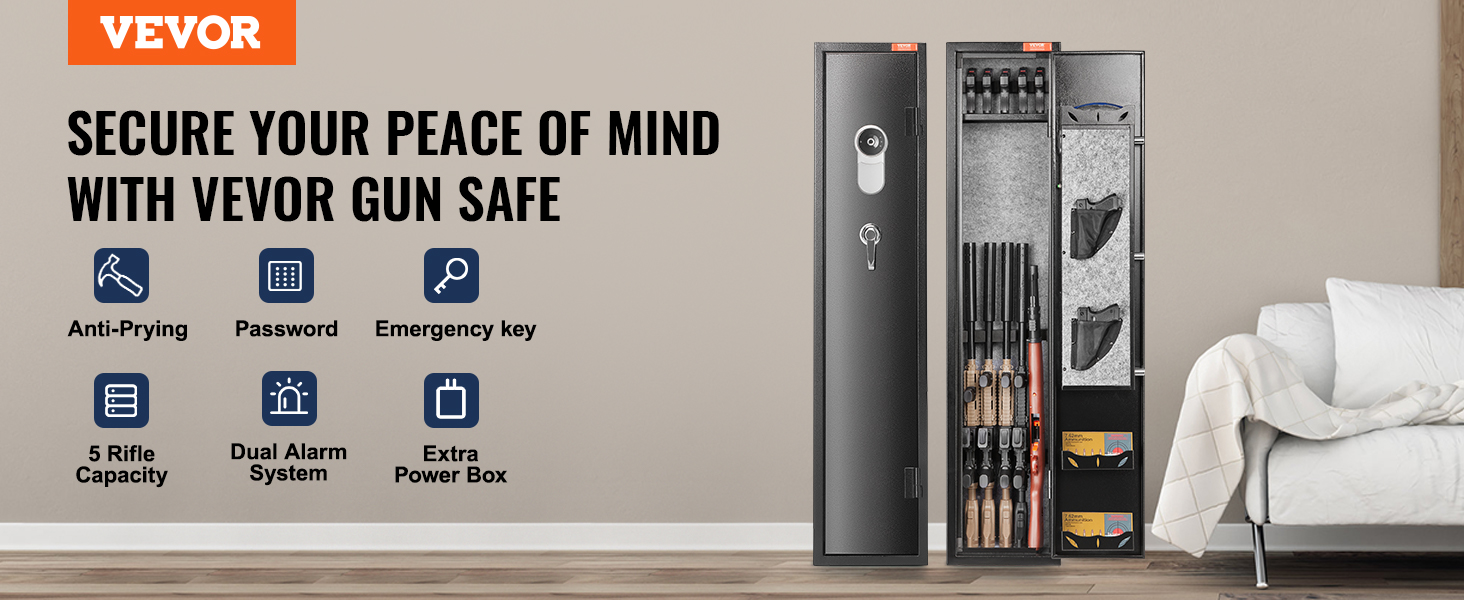 VEVOR gun safe with anti-prying, password, emergency key, dual alarm system, 5 rifle capacity.