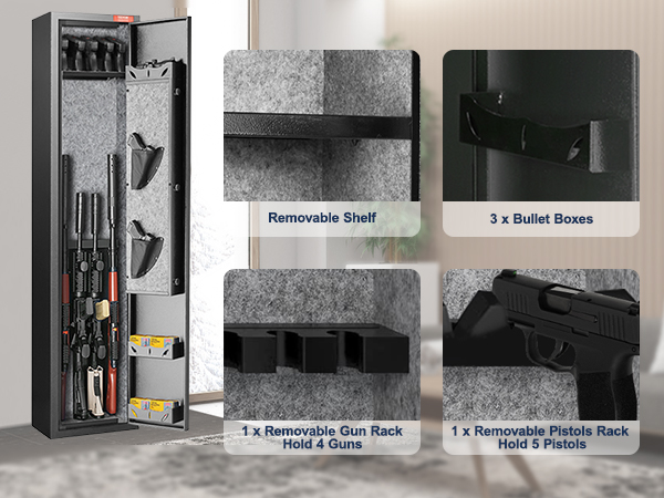 VEVOR gun safe with removable shelf for rifles, gun rack for 5 guns, pistols rack, and bullet boxes.