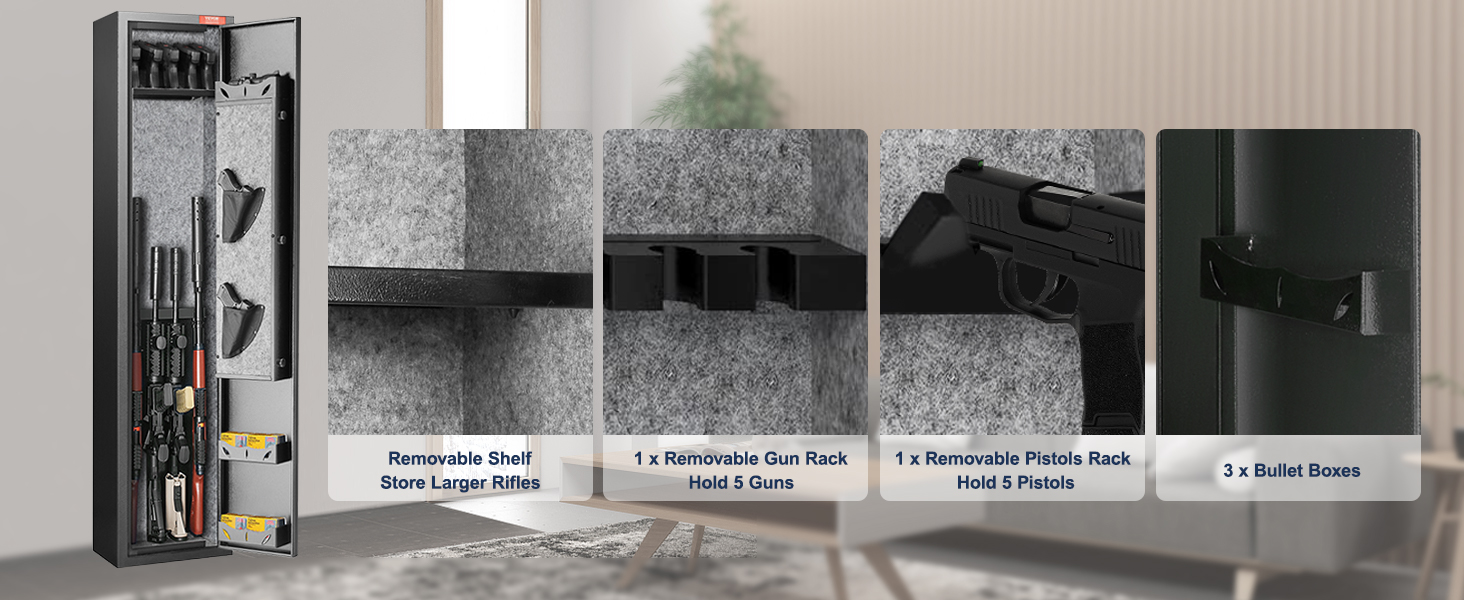 VEVOR gun safe with removable shelf for rifles, gun rack for 5 guns, pistols rack, and bullet boxes.
